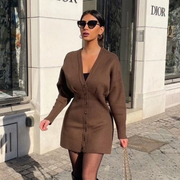 NWT ZARA | Ribbed Cardigan Dress Dark Khaki - Picture 5 of 14